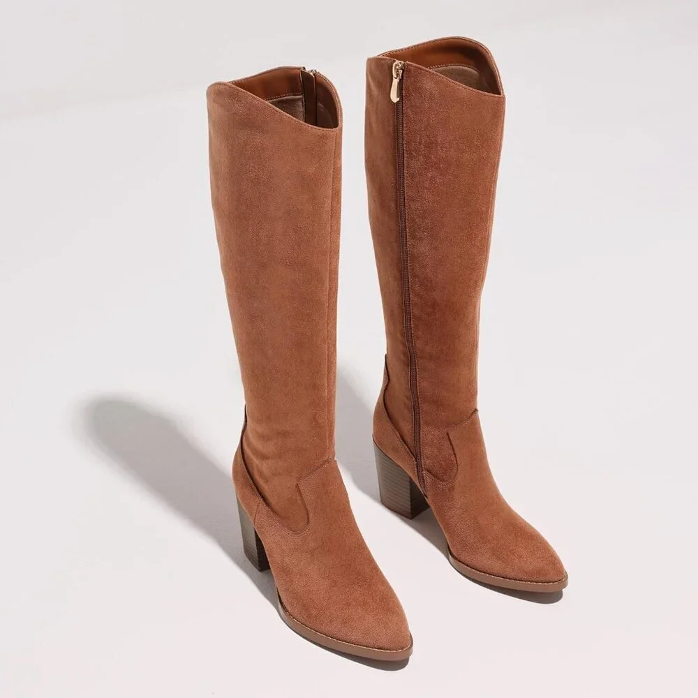 Womens Suede Lightbrown Side Zipper Knee High Pointed Toe Chunky Heel Tall Boots